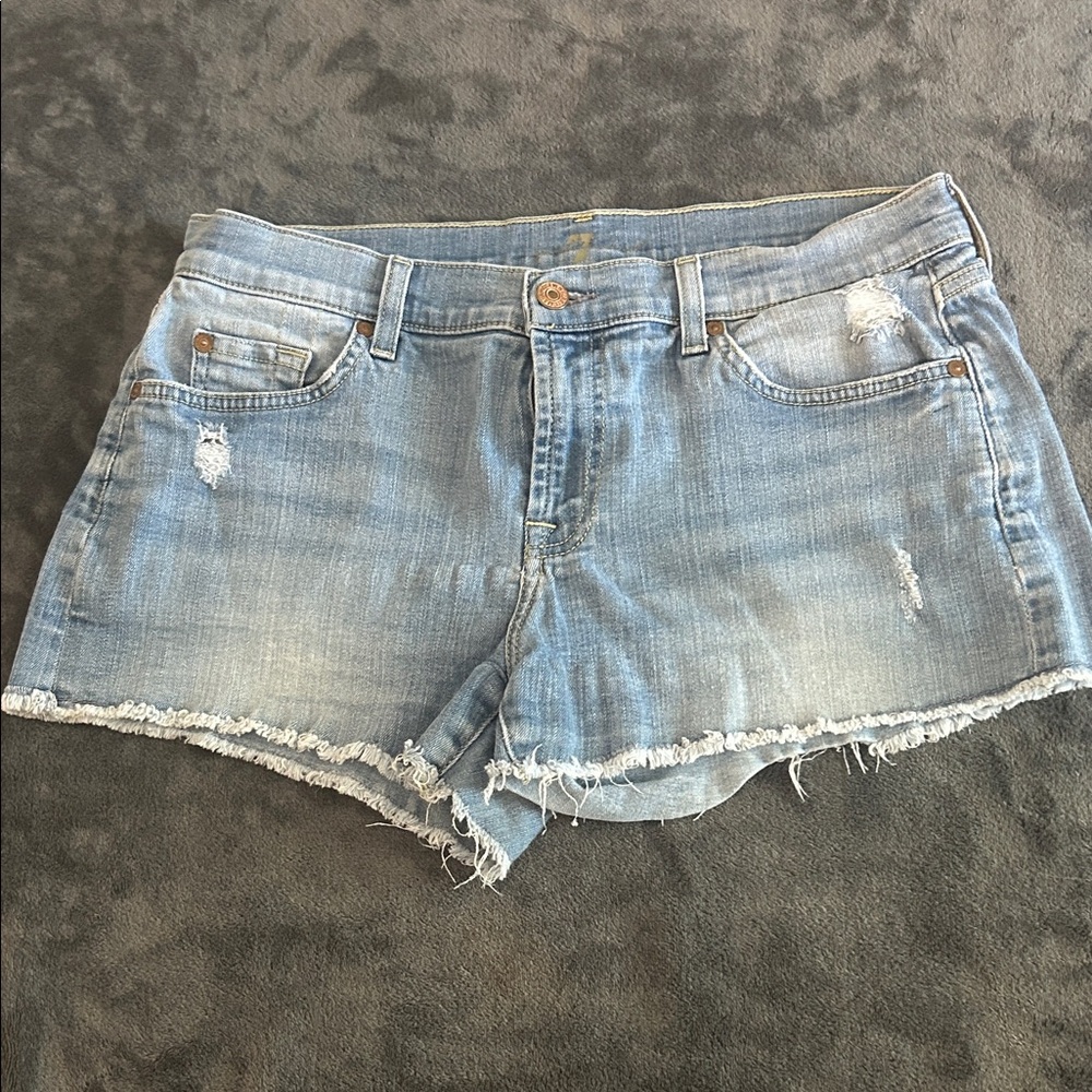 7 For All Mankind Light Blue Distressed Jean Shorts